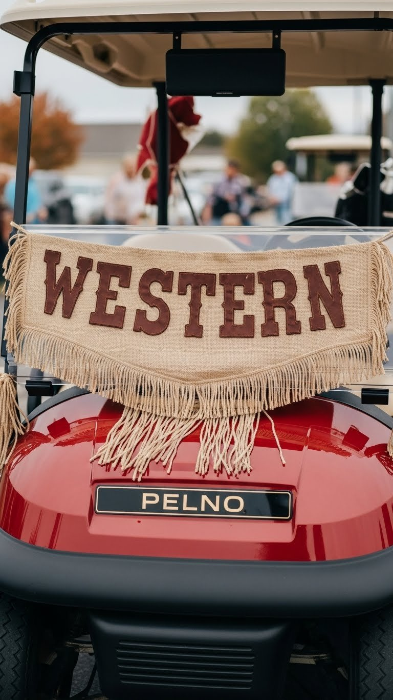 Western Golf Cart With Custom Burlap Banner Featuring Western Font And Rope Border Details