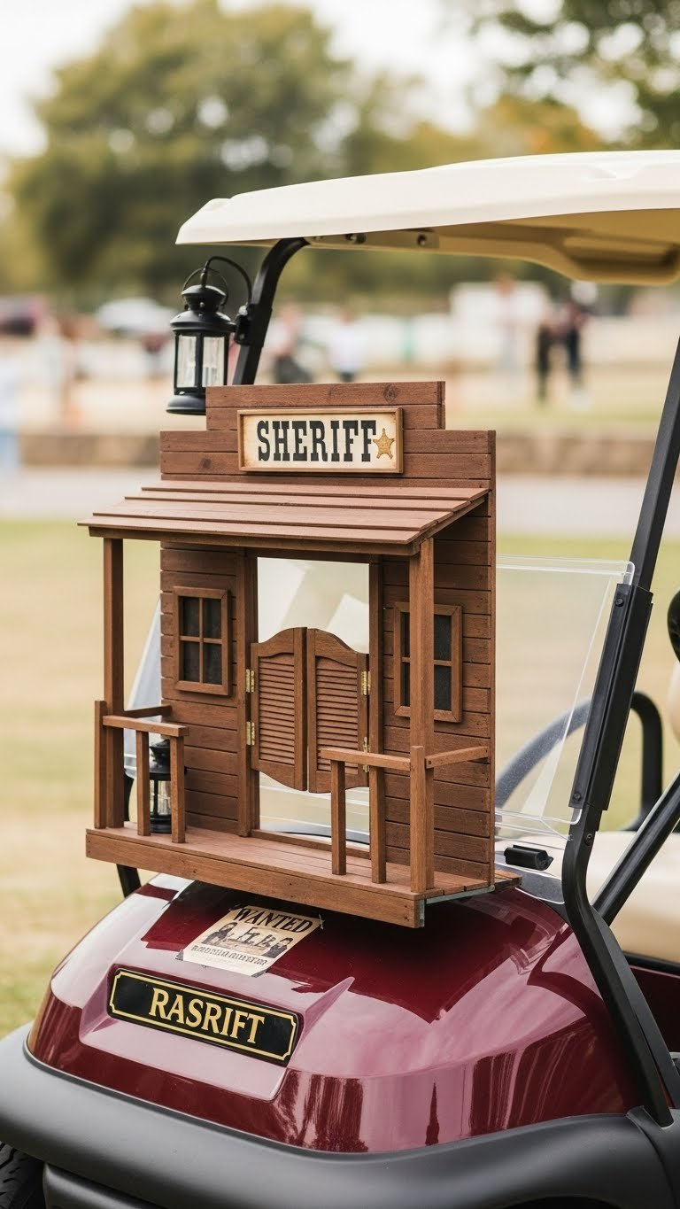 Western Golf Cart With Miniature Sheriff'S Office Facade Featuring Swinging Doors And Sheriff Badge