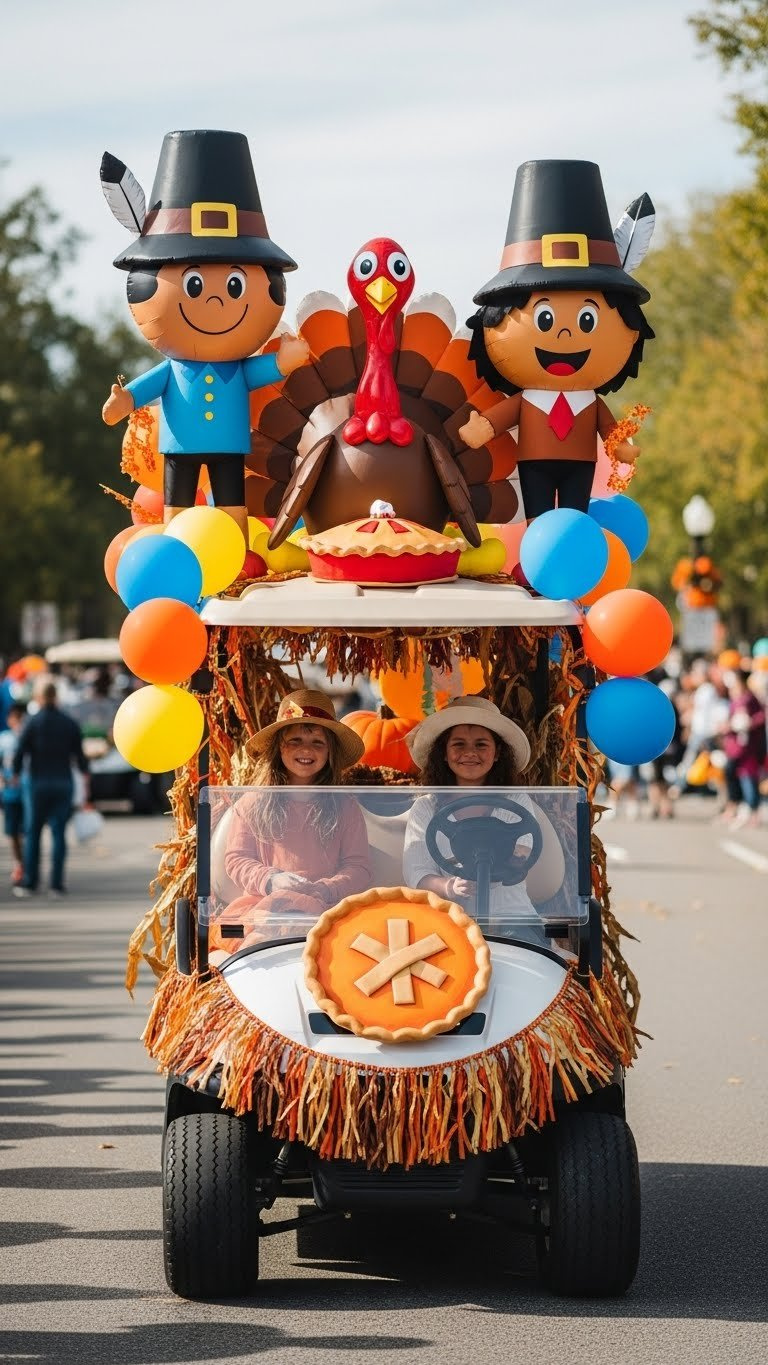 Whimsical Thanksgiving Parade Float Golf Cart With Cartoon Turkeys, Pilgrims, And Colorful Balloons For Children.