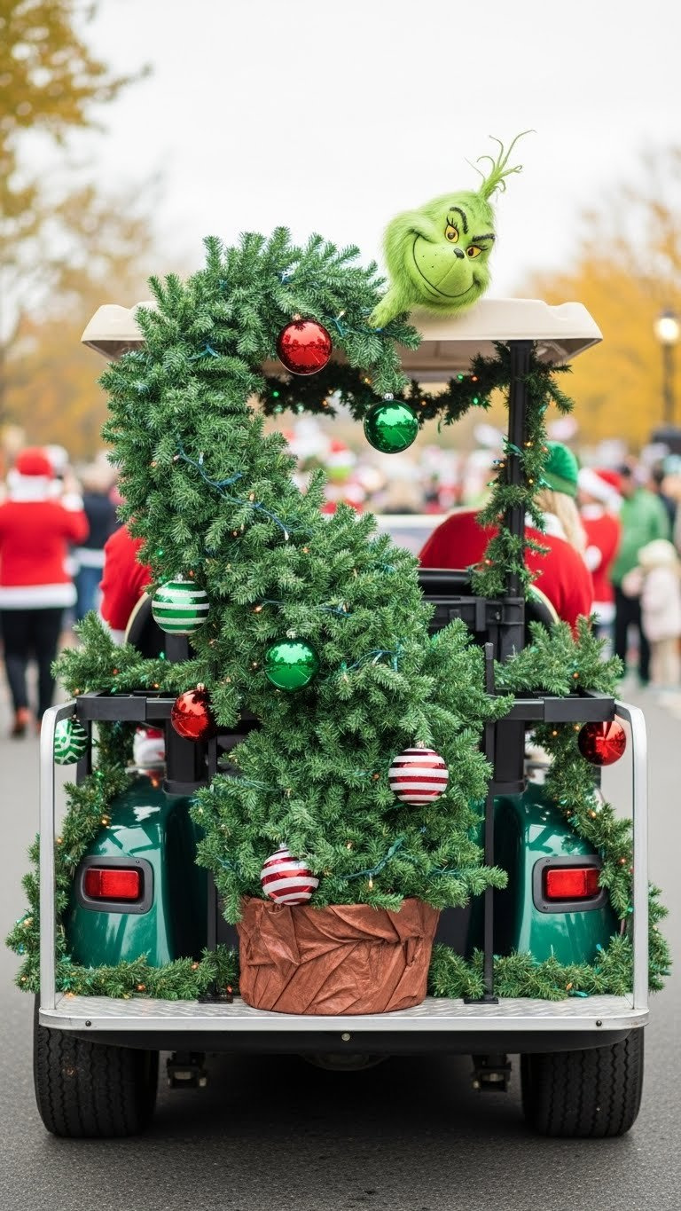 Whimsical Whoville-Inspired Christmas Tree With Oversized Colorful Ornaments Mounted On The Rear Of A Grinch-Themed Golf Cart During A Festive Parade.
