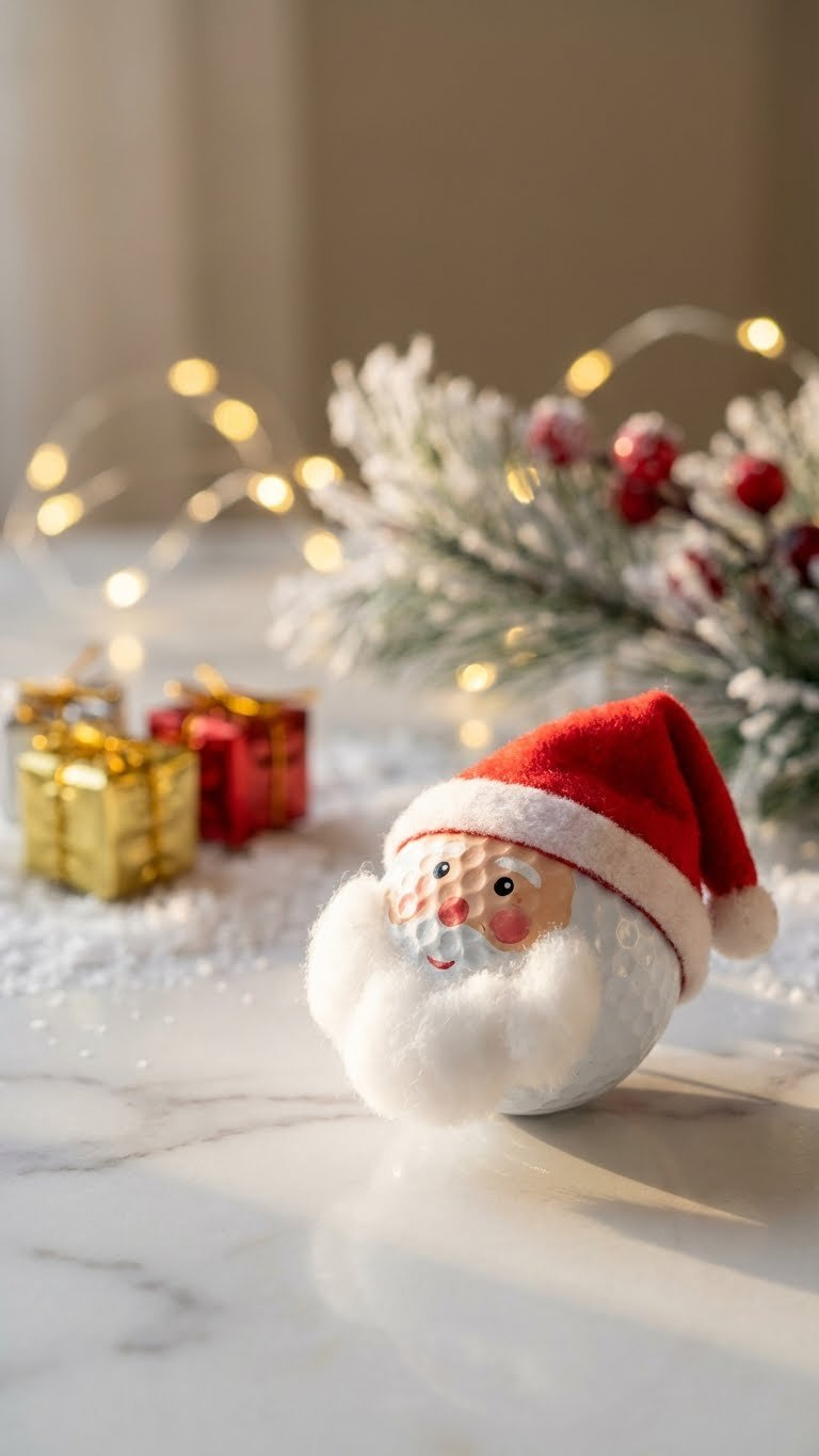 Golf Ball Christmas: 9 Genius Diy Ornament Ideas Whimsical Golf Ball Santa Ornament With Red Suit And White Beard On Marble, Surrounded By Festive Decor And Tiny Gifts.