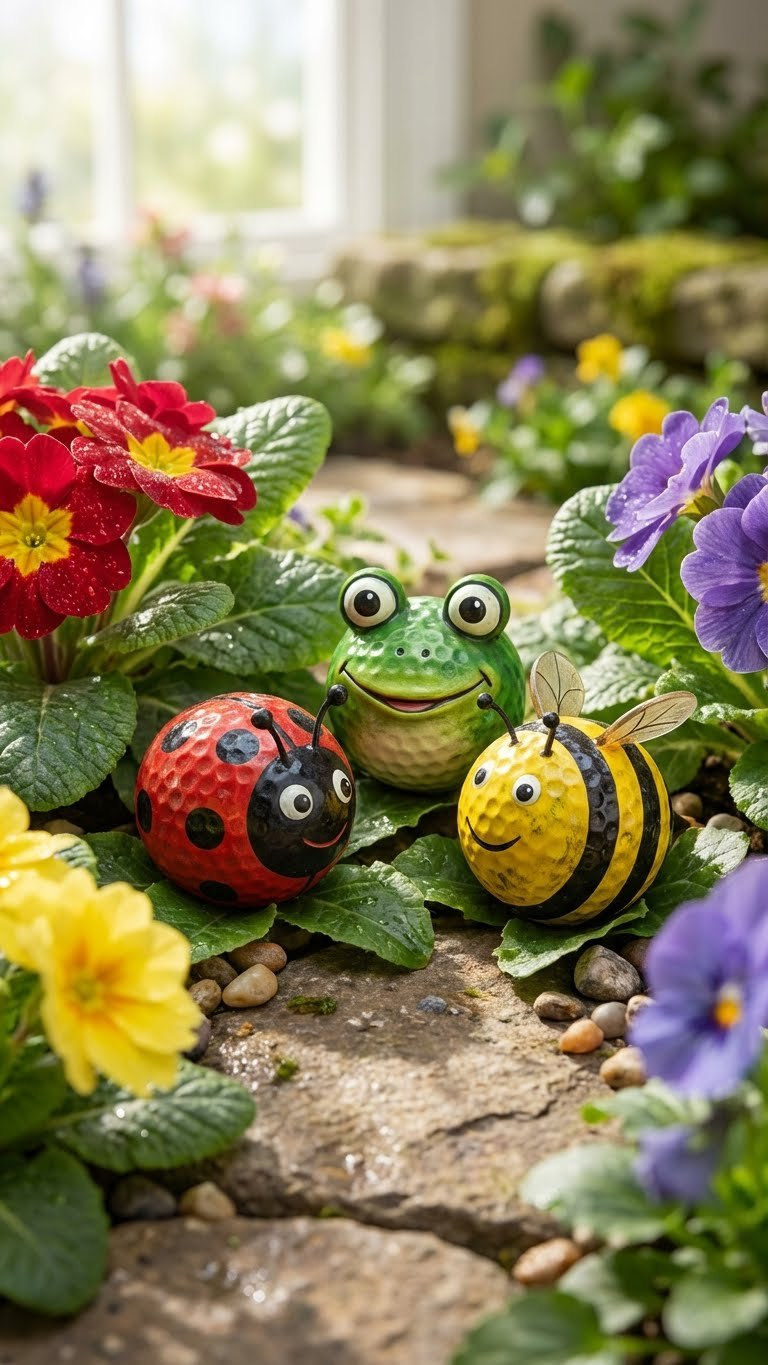 7 Easy Funny Golf Ball Crafts: Quirky Diy Projects Whimsical Golf Ball Animals Like Ladybugs And Frogs Nestled Among Vibrant Flowers And Green Foliage In A Garden With Pebbles And Ceramic Mushrooms