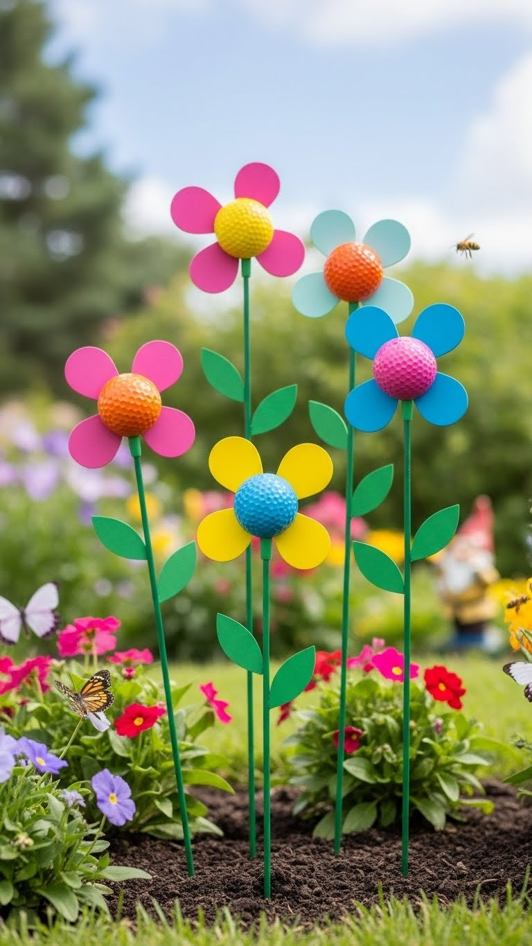 Golf Ball Upcycle: 11 Stunning Crafts &Amp; Garden Projects Whimsical Golf Ball Flower Garden Stakes With Colorful Painted Flowers Standing In Lush Garden Bed Background.