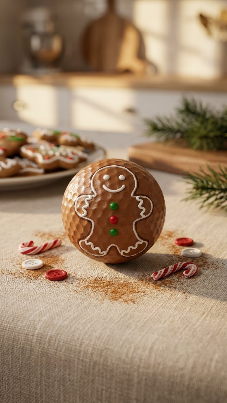 Golf Ball Christmas: 9 Genius Diy Ornament Ideas Whimsical Golf Ball Gingerbread Man Ornament With Icing Details And Candy Buttons On Linen, With Blurred Holiday Cookies.