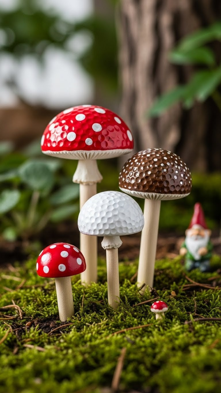 Whimsical Golf Ball Mushrooms Nestled In Mossy Garden Patch With Red Caps Featuring White Spots And Wooden Stems.