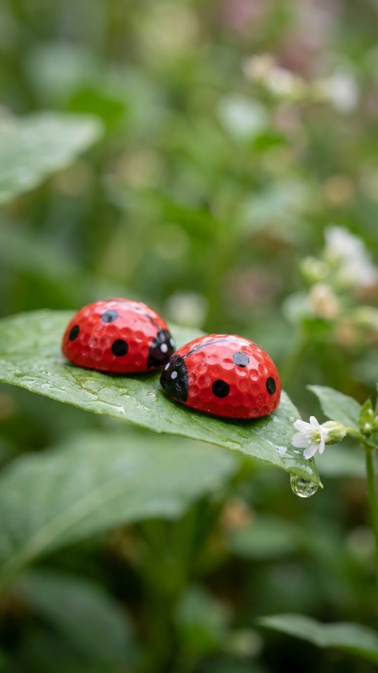 Whimsical Painted Golf Ball Ladybugs With Glossy Red Shells And Black Spots Rest On A Vibrant Green Leaf In A Soft-Focus Garden.