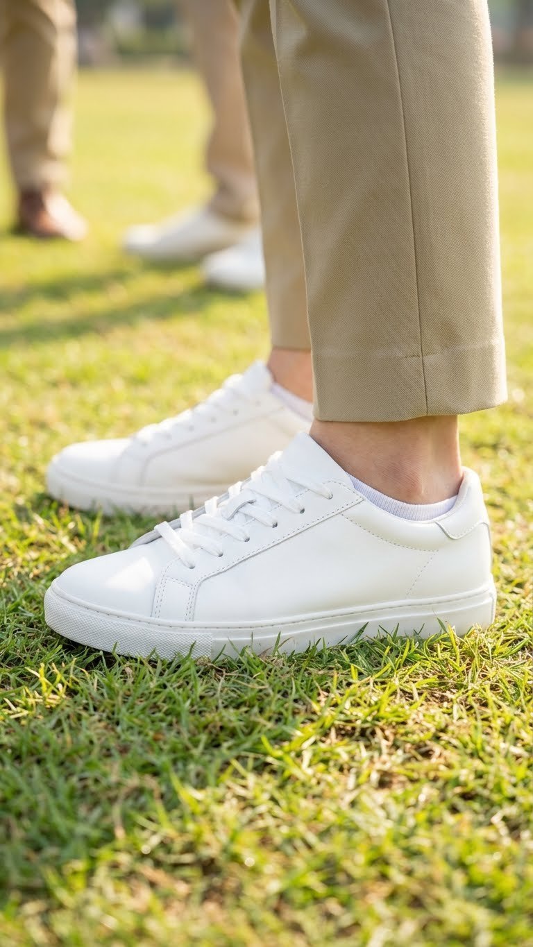White Athletic Sneakers On Green Grass, Showcasing Comfortable And Stable Golf Shoe Alternatives For Women.