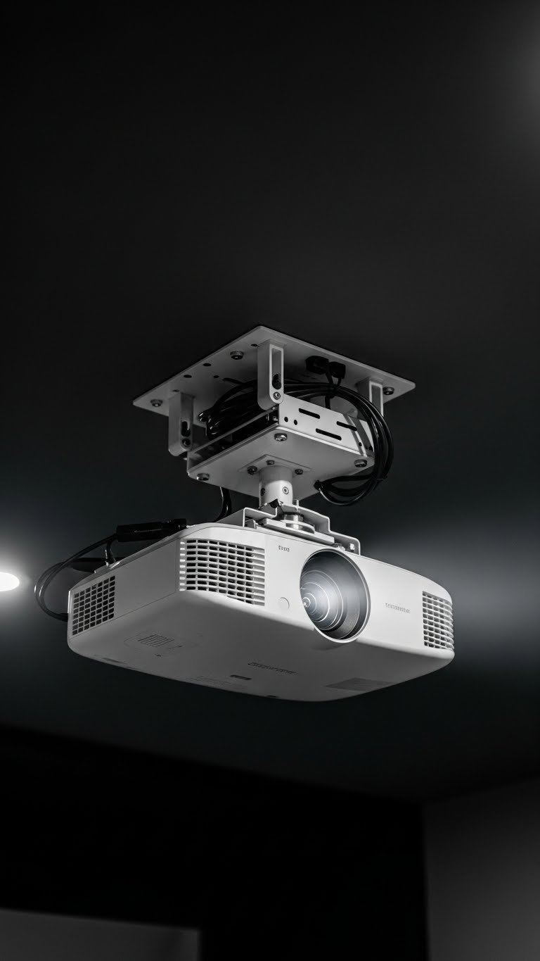 White Ceiling-Mounted Projector With Adjustable Arm And Clean Cable Management In Dedicated Golf Simulator Room