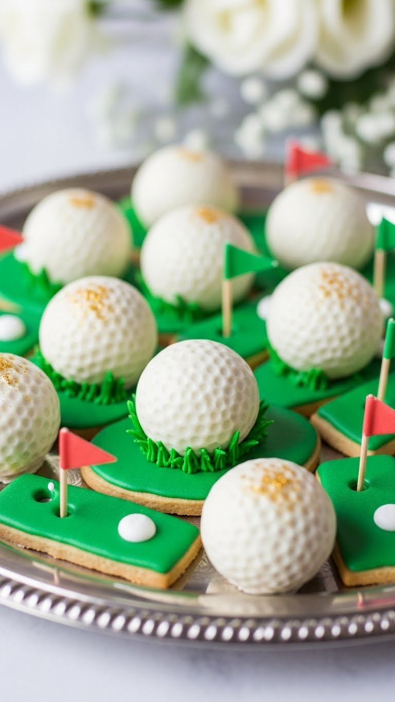 White Chocolate Golf Ball Treats With Sugar Cookie Fairways On Silver Platter With Edible Golf Flags.