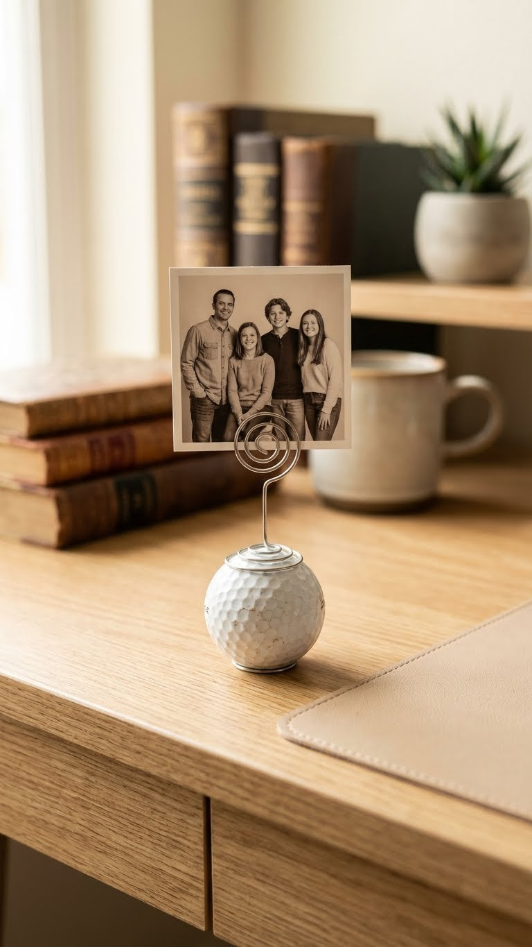 Essential Golf Ball Crafts: 13 Birthday Gifts That Impress White Dimpled Golf Ball Photo Holder With A Spiraled Silver Wire Displays A Vintage Family Portrait On A Minimalist Wooden Desk.