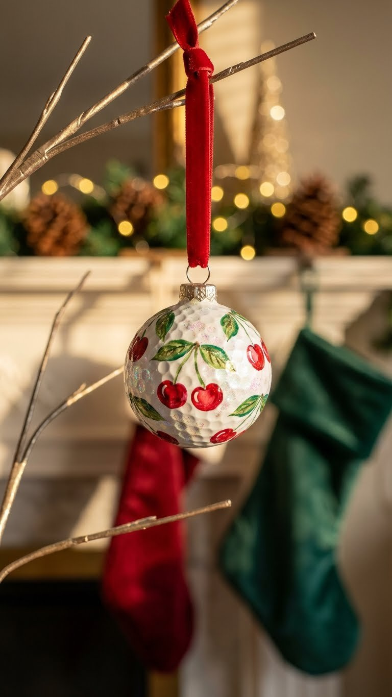 Craft Cherry Golf Balls: 7 Unique &Amp; Easy Diy Ideas White Golf Ball Cherry Ornament, Shimmering With Glitter And A Delicate Ribbon, Displayed On A Festive Tiered Tray.