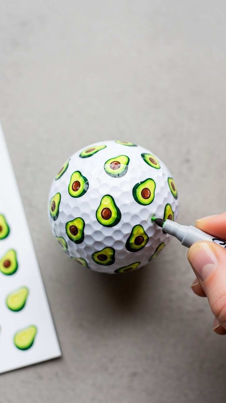 White Golf Ball Displaying Precisely Stenciled Repeating Avocado Pattern With Multiple Uniform Avocado Shapes Drawn In Black Sharpie