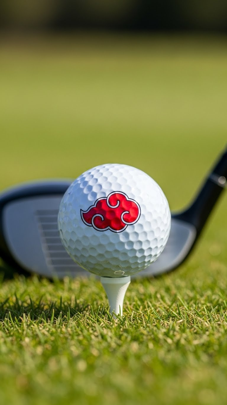 White Golf Ball Featuring Naruto Akatsuki Cloud Symbol In Red And Black On Golf Tee With Blurred Green Course Background.