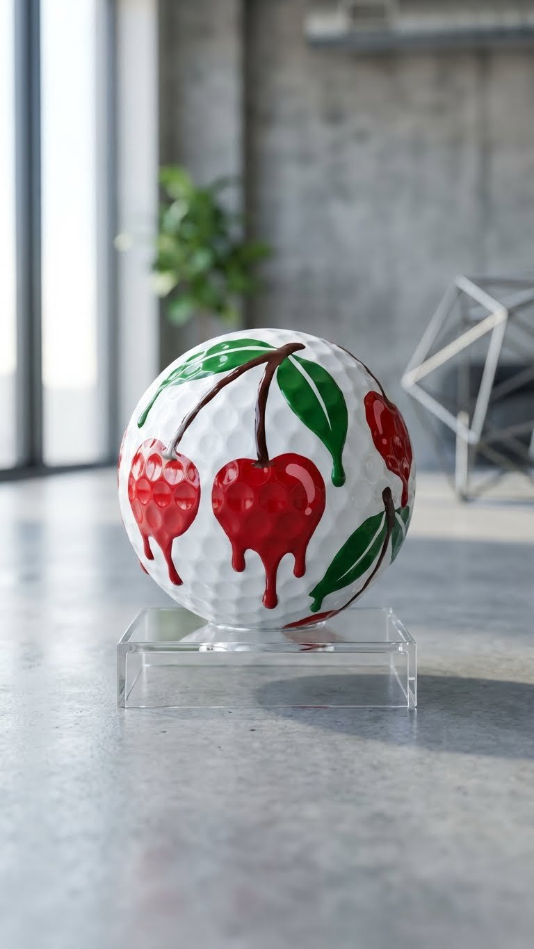 Craft Cherry Golf Balls: 7 Unique &Amp; Easy Diy Ideas White Golf Ball Featuring A Striking Stylized Red Drip Cherry Pattern And Green Leaves, Displayed On A Minimalist Acrylic Stand.