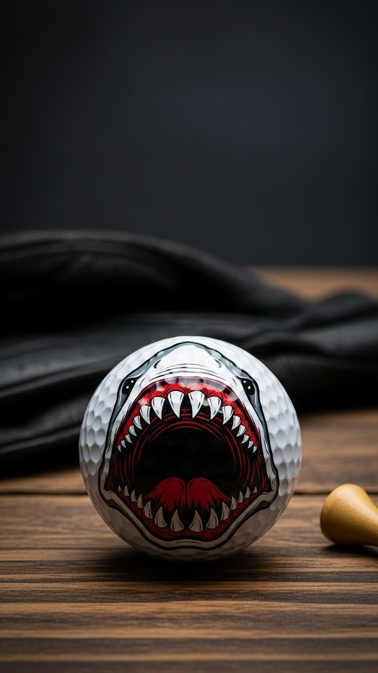 White Golf Ball Featuring Aggressive Shark Jaws Design With Sharp Teeth On Rustic Wooden Table Background