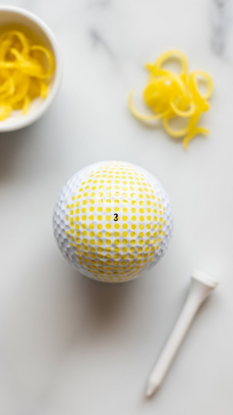White Golf Ball Featuring Minimalist Yellow Dot Lemon Pattern On Light Grey Marble Countertop