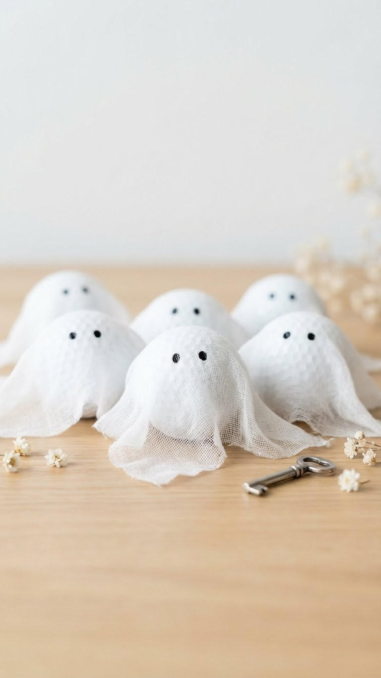 Golf Ball Halloween Crafts: 9 Unique Diy Spooky Decor Ideas White Golf Ball Ghosts With Fabric Drapes And Black Eyes On A Light Wooden Surface With Dried White Flowers.