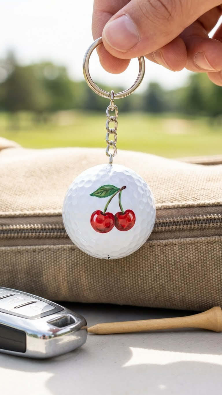 Craft Cherry Golf Balls: 7 Unique &Amp; Easy Diy Ideas White Golf Ball Keychain Charm With A Vibrant Hand-Painted Cherry Design And Metallic Ring, Attached To A Golf Bag.