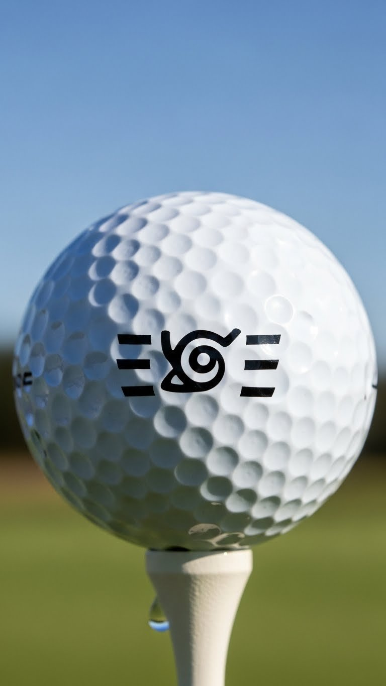 White Golf Ball With Naruto Uzumaki'S Black Whisker Marks Design On Clean Golf Tee Against Soft Blue Sky Background.