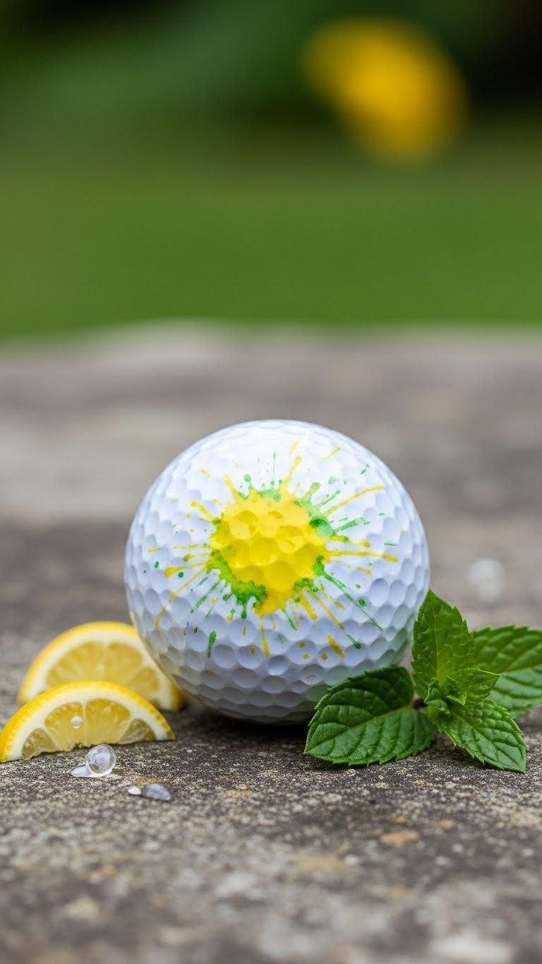 White Golf Ball With Abstract Yellow Watercolor Lemon Splatter Design On Weathered Stone Surface