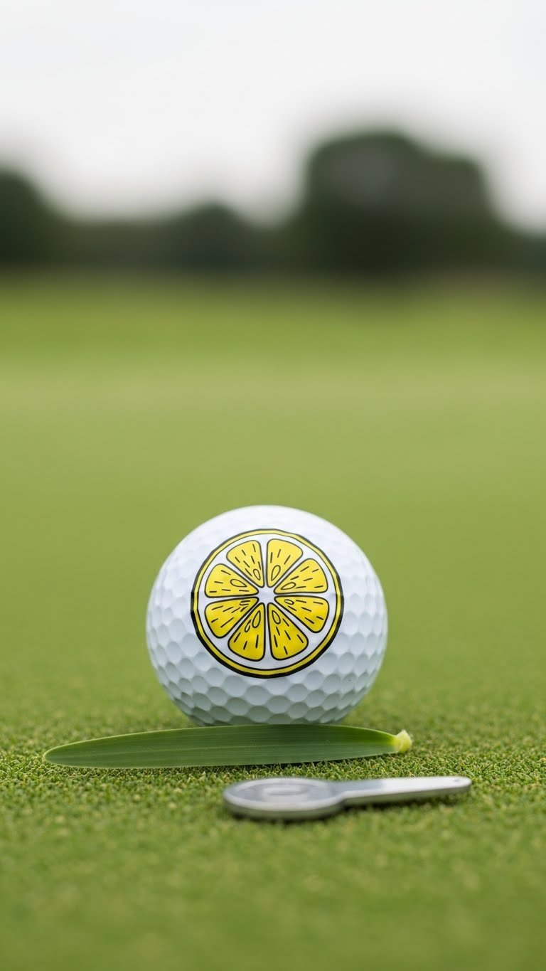 White Golf Ball With Black Sharpie Outline Of Lemon Slice On Green Putting Turf In Soft Daylight