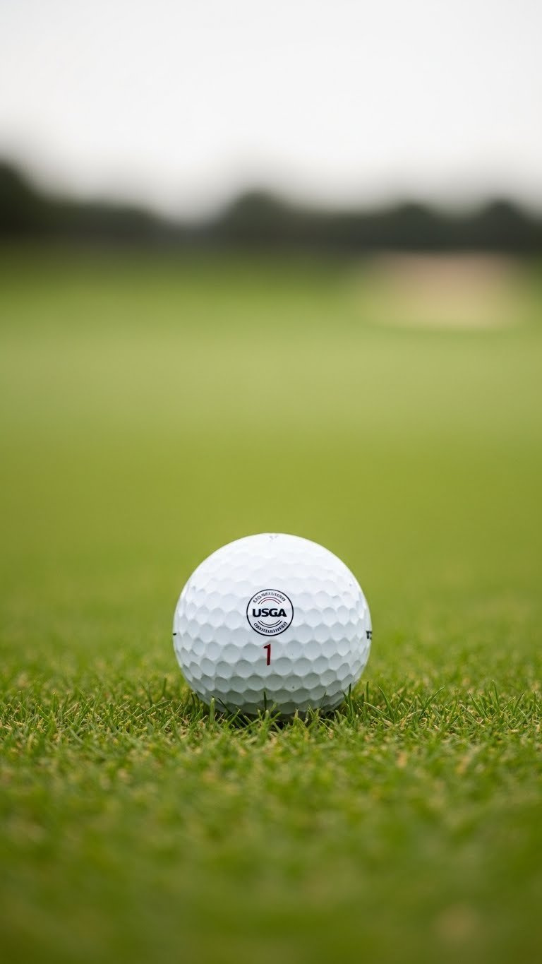 White Golf Ball With Black Dot Marking Resting On Manicured Green Grass In Close-Up Shot With Soft Bokeh Golf Course Background