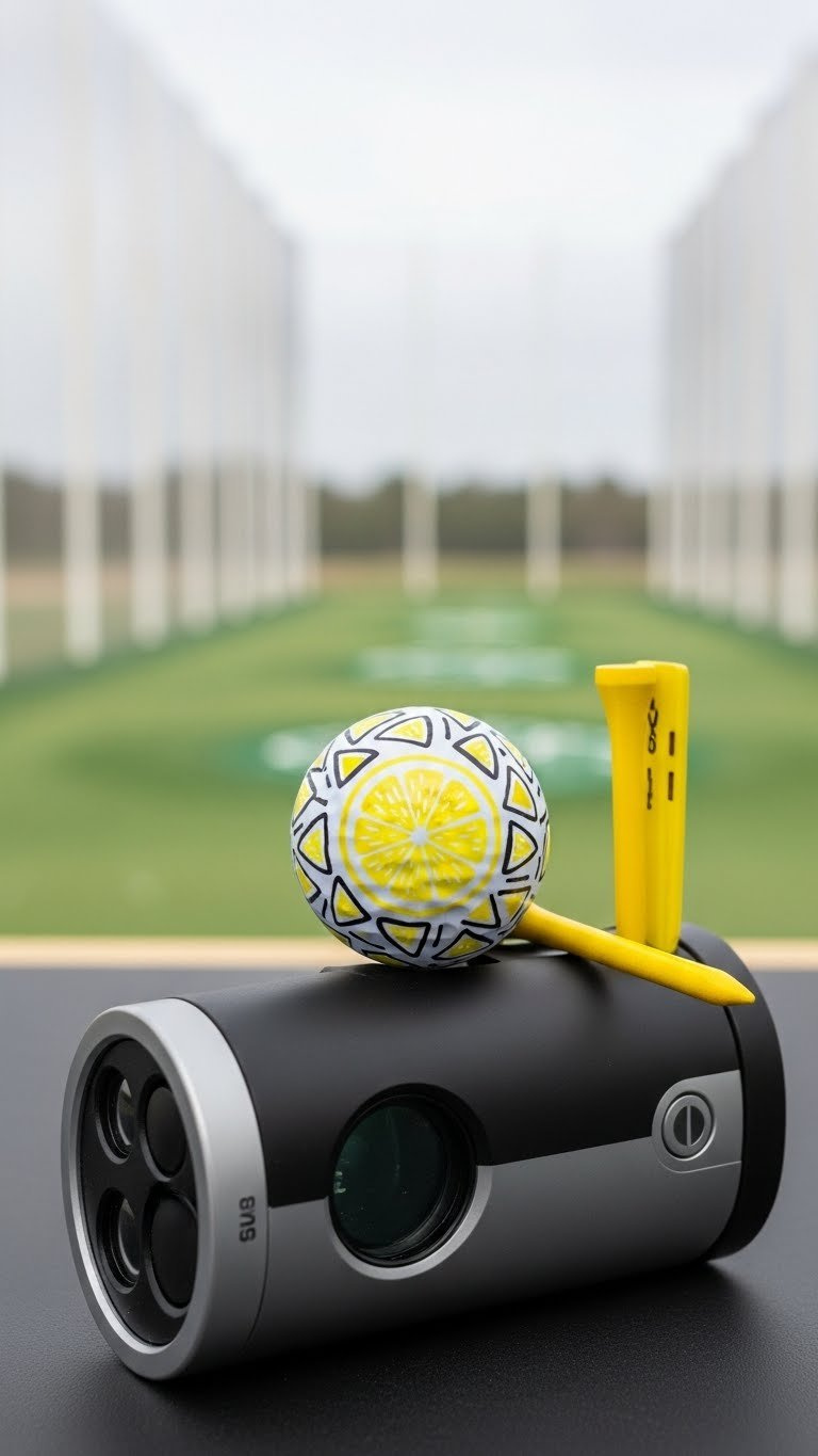 White Golf Ball With Bold Yellow Geometric Lemon Pattern On Matte Black Golf Case Background