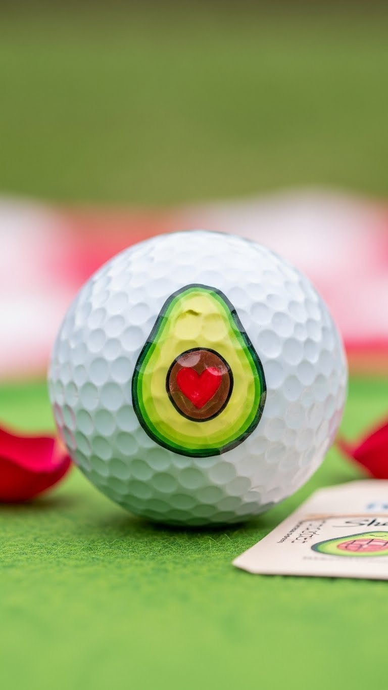 White Golf Ball With Charming Avocado Design Where Central Pit Forms Perfect Red Heart Shape Drawn With Sharpie Permanent Markers