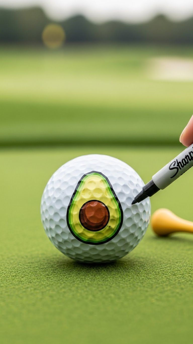 White Golf Ball With Classic Avocado Half Design Drawn In Black Sharpie Marker Featuring Smooth Shape And Central Pit Circle On Dimpled Surface