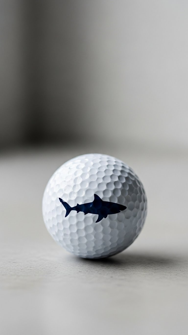 White Golf Ball With Clean Black Shark Silhouette Swimming Horizontally On Light Grey Stone Surface