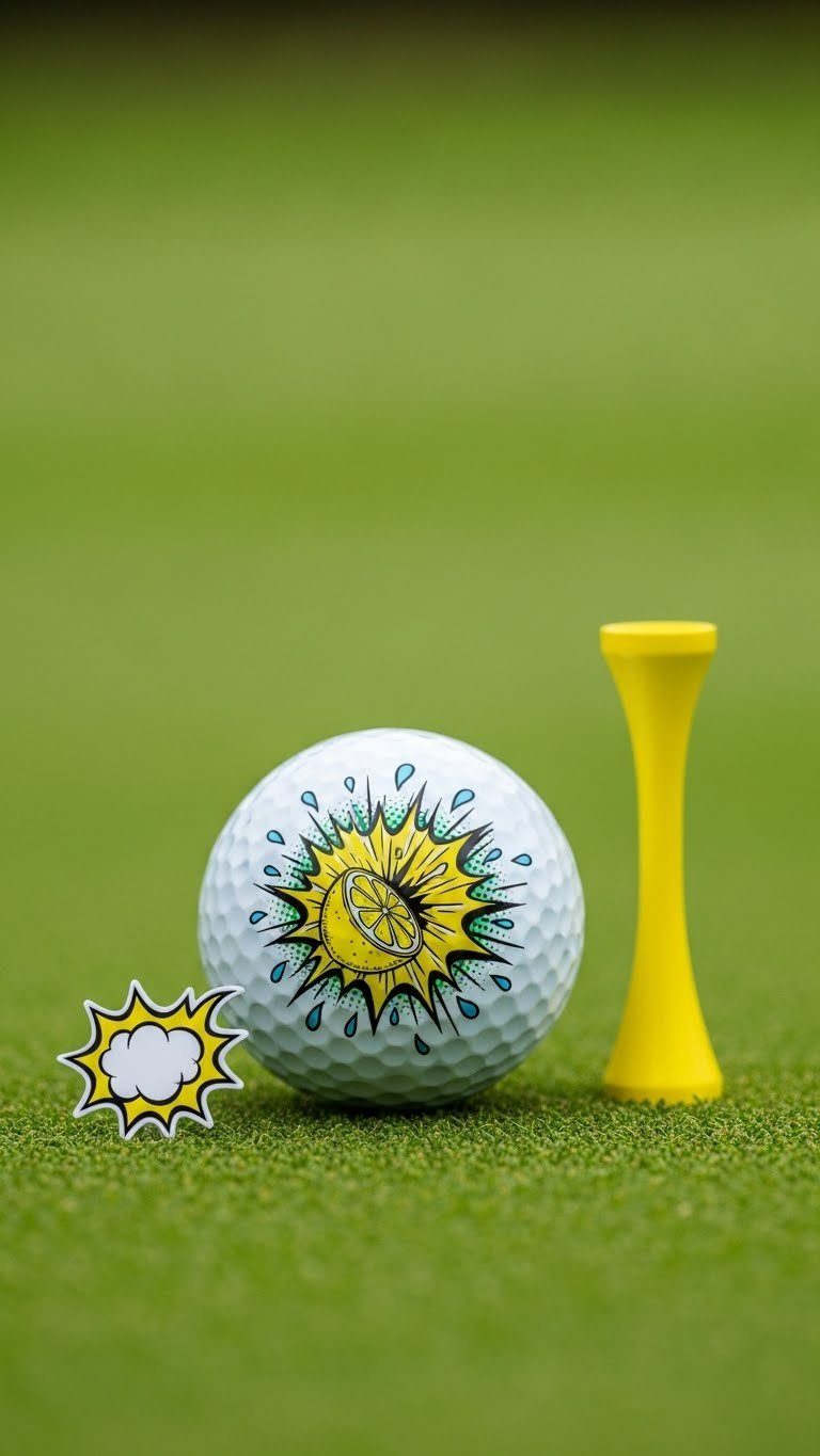 White Golf Ball With Comic-Style Exploding Lemon Illustration On Bright Green Putting Surface