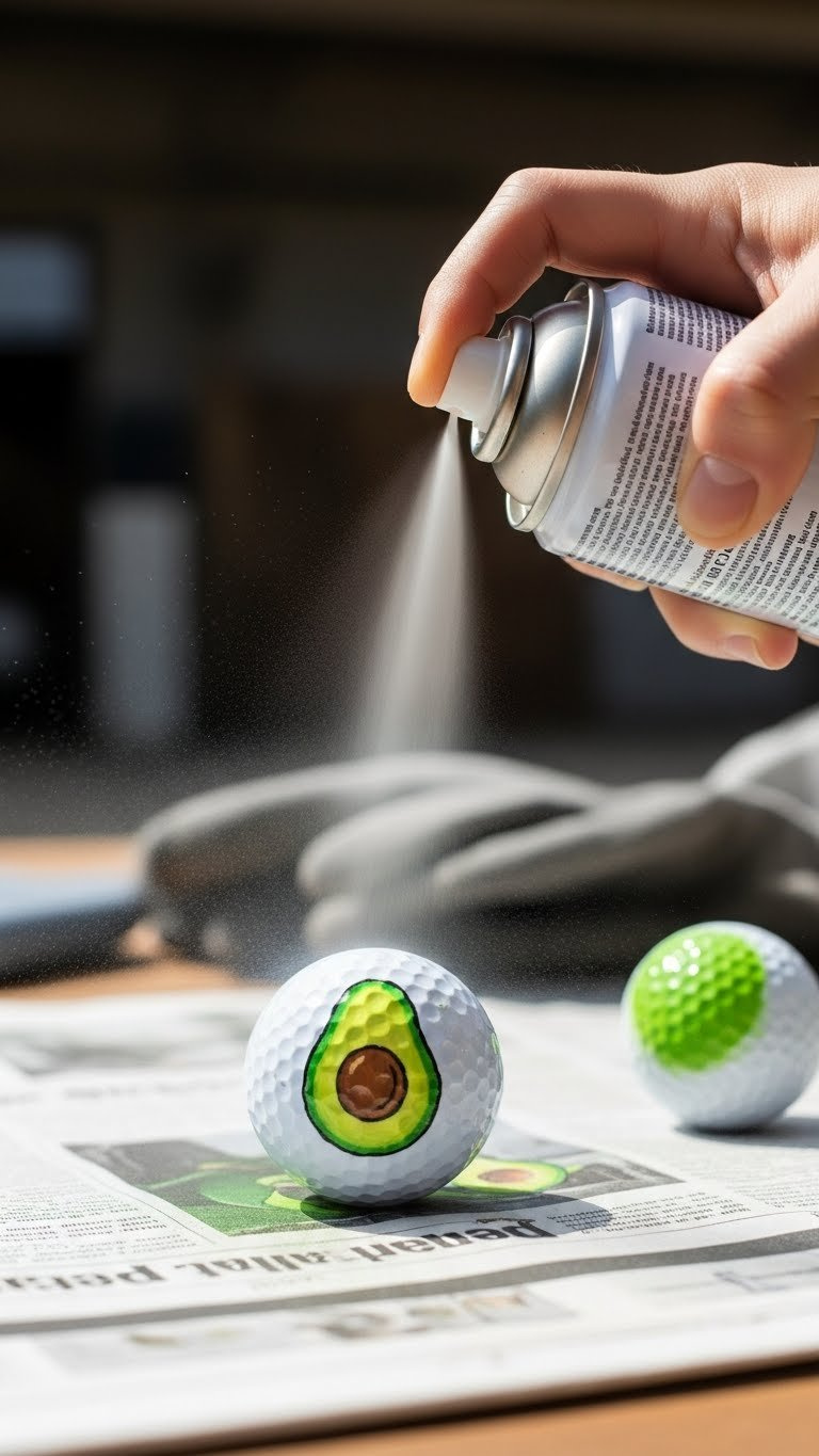 White Golf Ball With Completed Sharpie Avocado Design Being Sprayed With Clear Matte Sealant For Durability And Smudge-Proof Protection