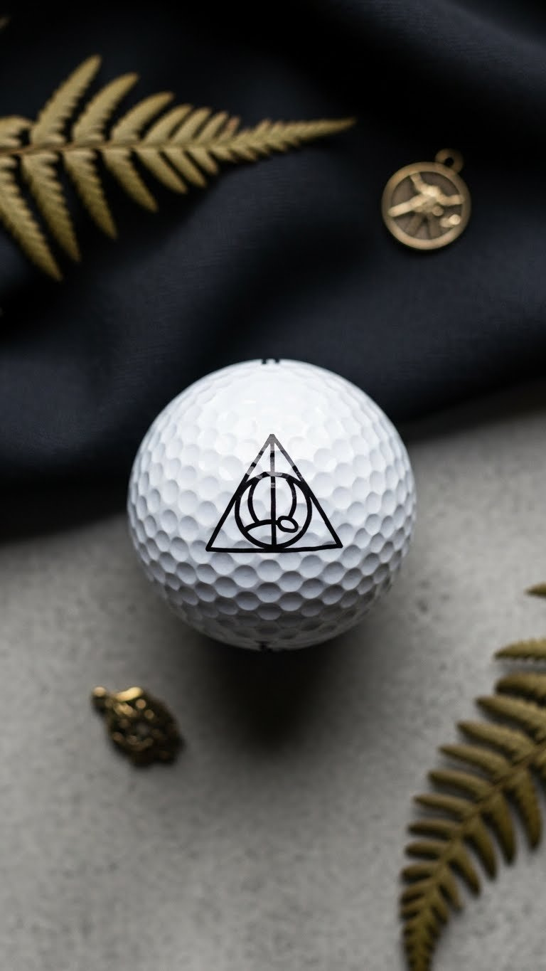 White Golf Ball With Crisp Black Deathly Hallows Symbol On Grey Stone Surface With Dark Fabric Background