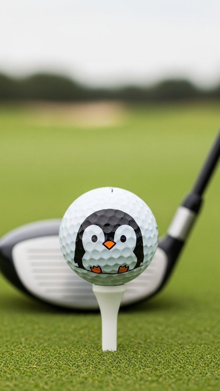 White Golf Ball With Cute Sharpie Penguin Face On Green Golf Course With Soft Bokeh Background