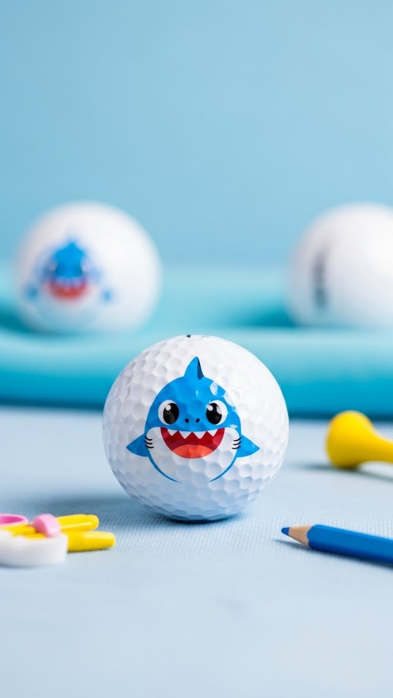 White Golf Ball With Cute Cartoon Shark Design Featuring Big Eyes And Cheerful Mouth On Light Blue Cloth