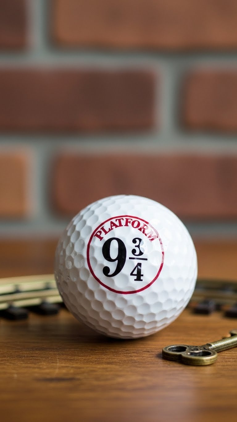 White Golf Ball With Deep Red Platform 9 3/4 Logo On Weathered Wooden Surface With Brick Wall Background