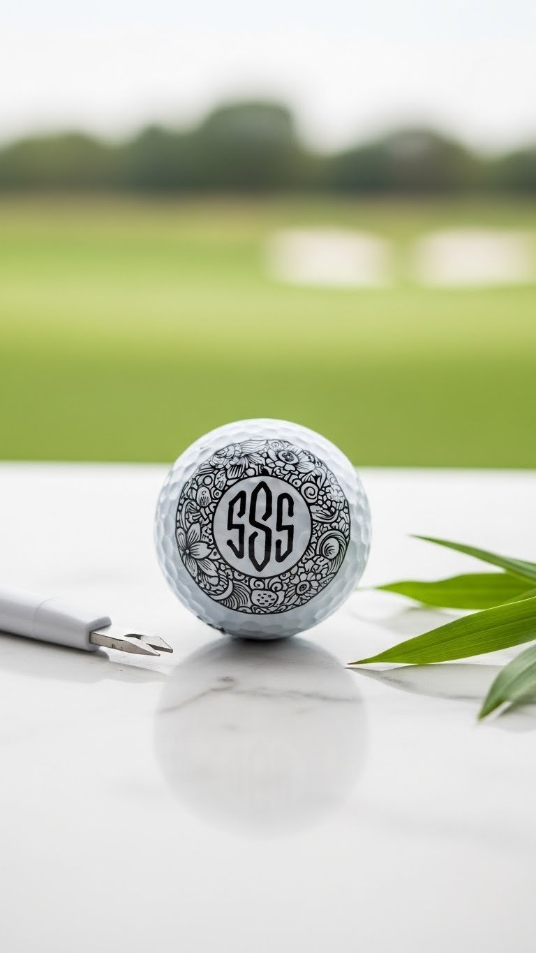 White Golf Ball With Delicate Black Permanent Marker Monogram Design On Glossy Surface Against Soft Green Bokeh Background
