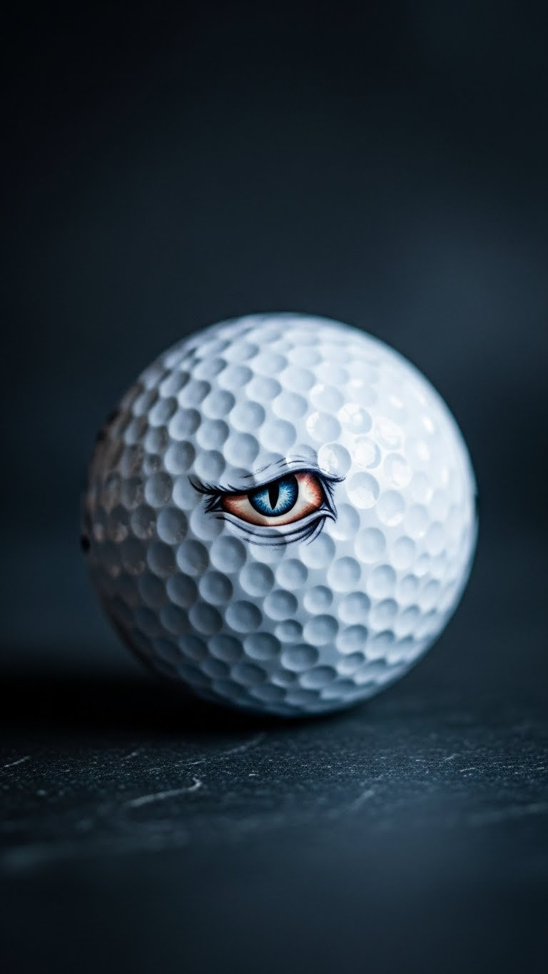 White Golf Ball With Detailed Shark Eye Design Showing Intense Gaze On Dark Textured Background