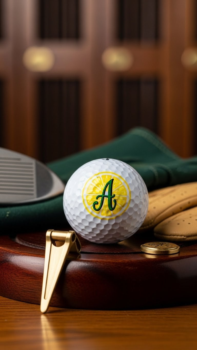 White Golf Ball With Elegant Lemon Initial Monogram Design On Dark Wooden Golf Club Display