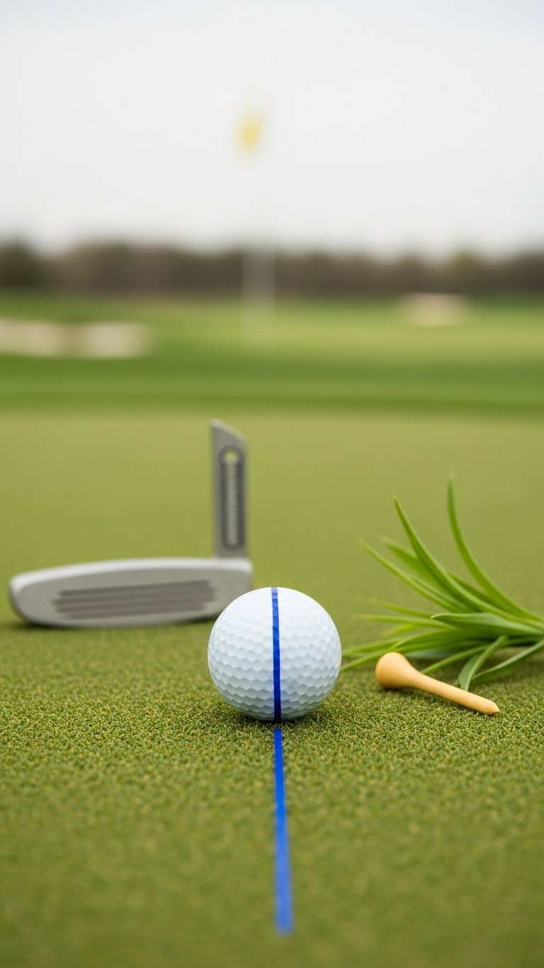How To Draw A Golf Ball: 9 Creative Art &Amp; Marking Ideas White Golf Ball With Precise Dark Blue Alignment Line Drawn Across Equator On Artificial Putting Green Surface