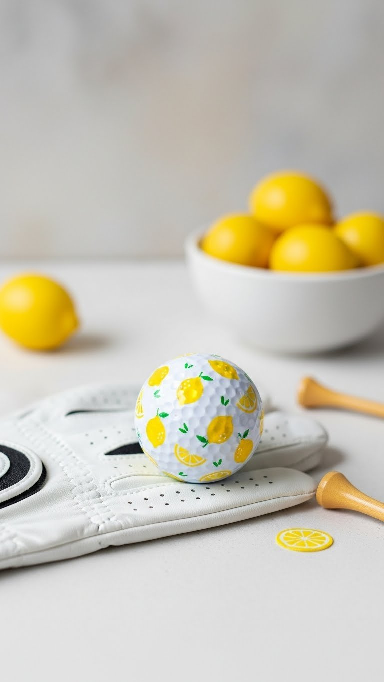 White Golf Ball With Repeating Yellow Lemon Stencil Pattern On White Golf Glove Background