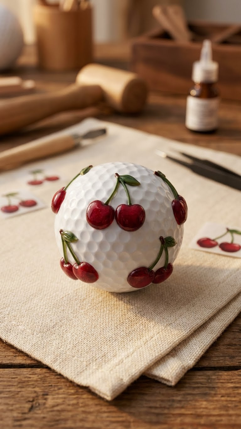 Craft Cherry Golf Balls: 7 Unique &Amp; Easy Diy Ideas White Golf Ball With Tactile 3D Cherry Embellishments, Resting On A Linen Napkin On A Rustic Wooden Table.