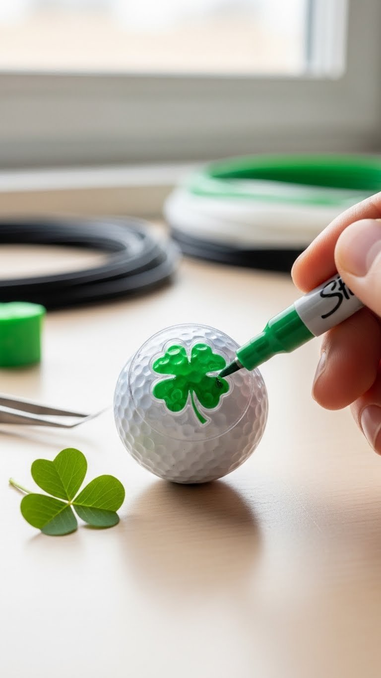 White Golf Ball With Transparent 3D-Printed Stencil Held In Place While Green Sharpie Prepares To Fill Four-Leaf Clover Design