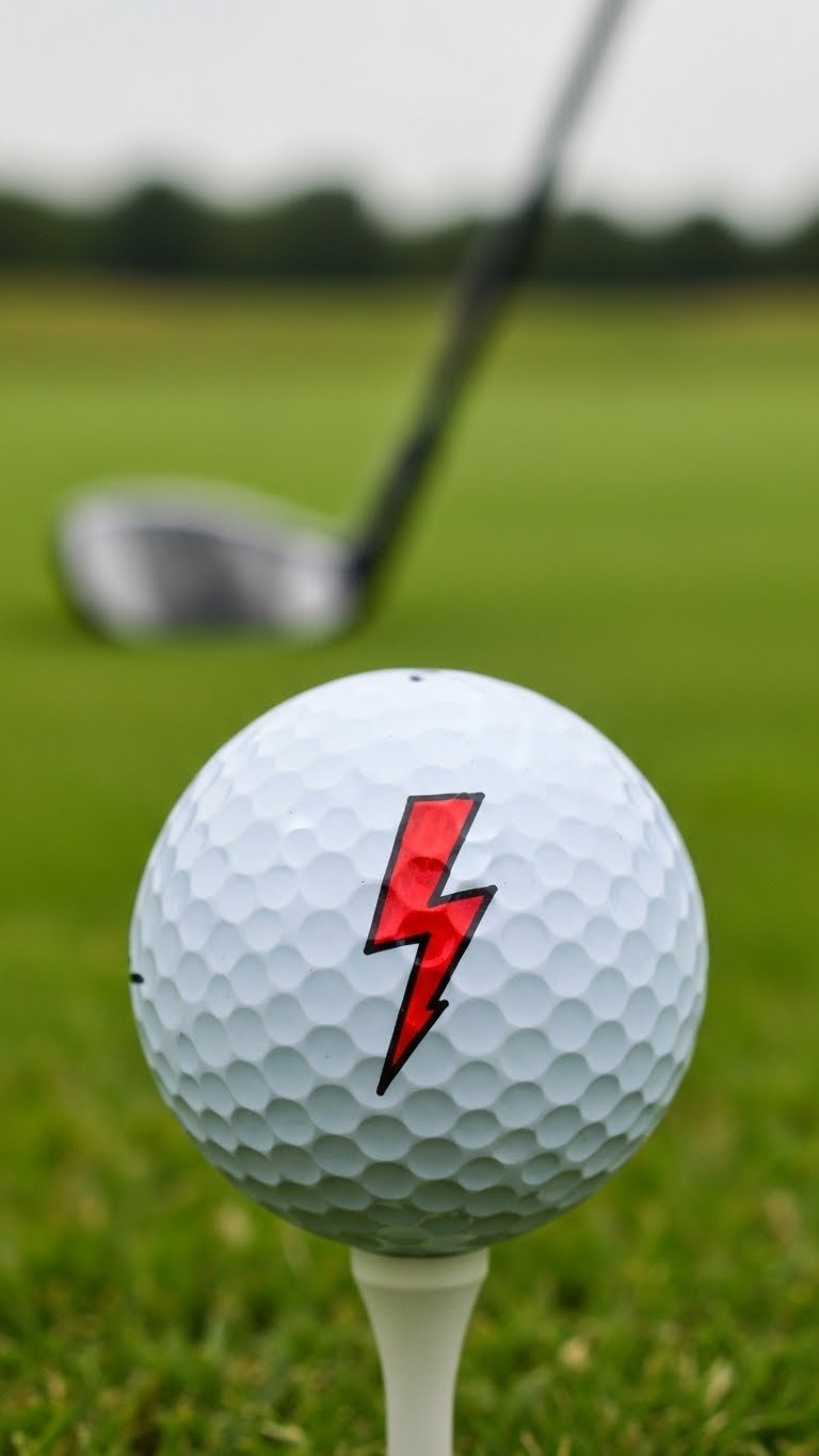 White Golf Ball With Vibrant Red Harry Potter Lightning Bolt Symbol On Green Golf Course Tee With Soft Bokeh Background