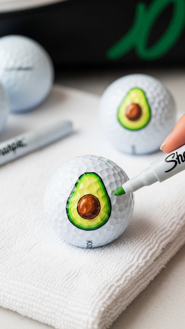 White Golf Ball With Vivid Green And Brown Avocado Design Colored With Sharpie Permanent Markers Showcasing Crisp Detailed Artwork