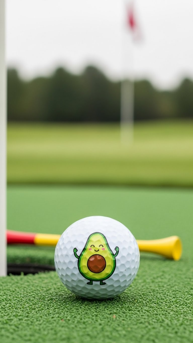 White Golf Ball With Whimsical Hand-Drawn Cartoon Avocado Face Design Featuring Expressive Eyes And Smile Created With Sharpie Markers