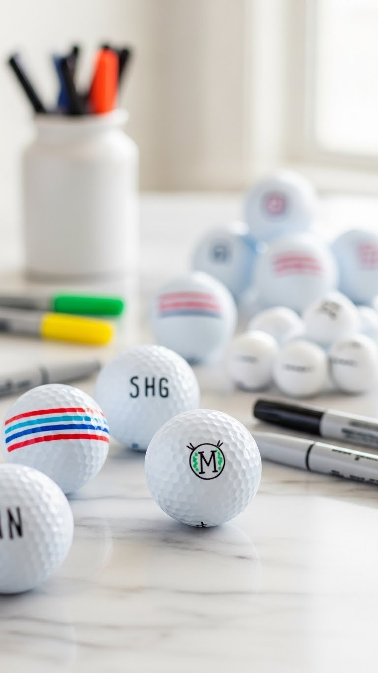 White Golf Balls Decorated With Colorful Hand-Drawn Permanent Marker Designs Including Stripes, Dots, And Icons On Marble Background
