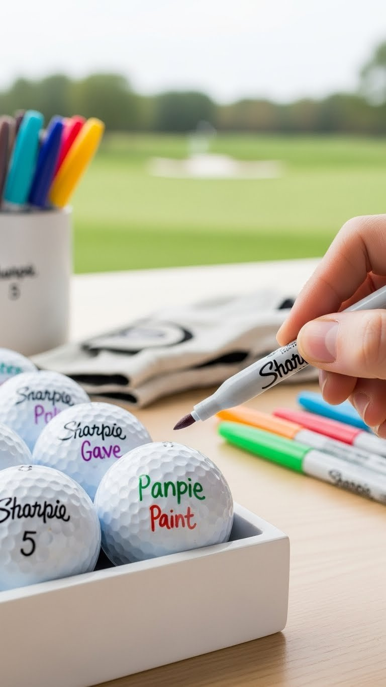 White Golf Balls Personalized With Colored Sharpie Markers And Paint Pens Displaying Names And Symbols