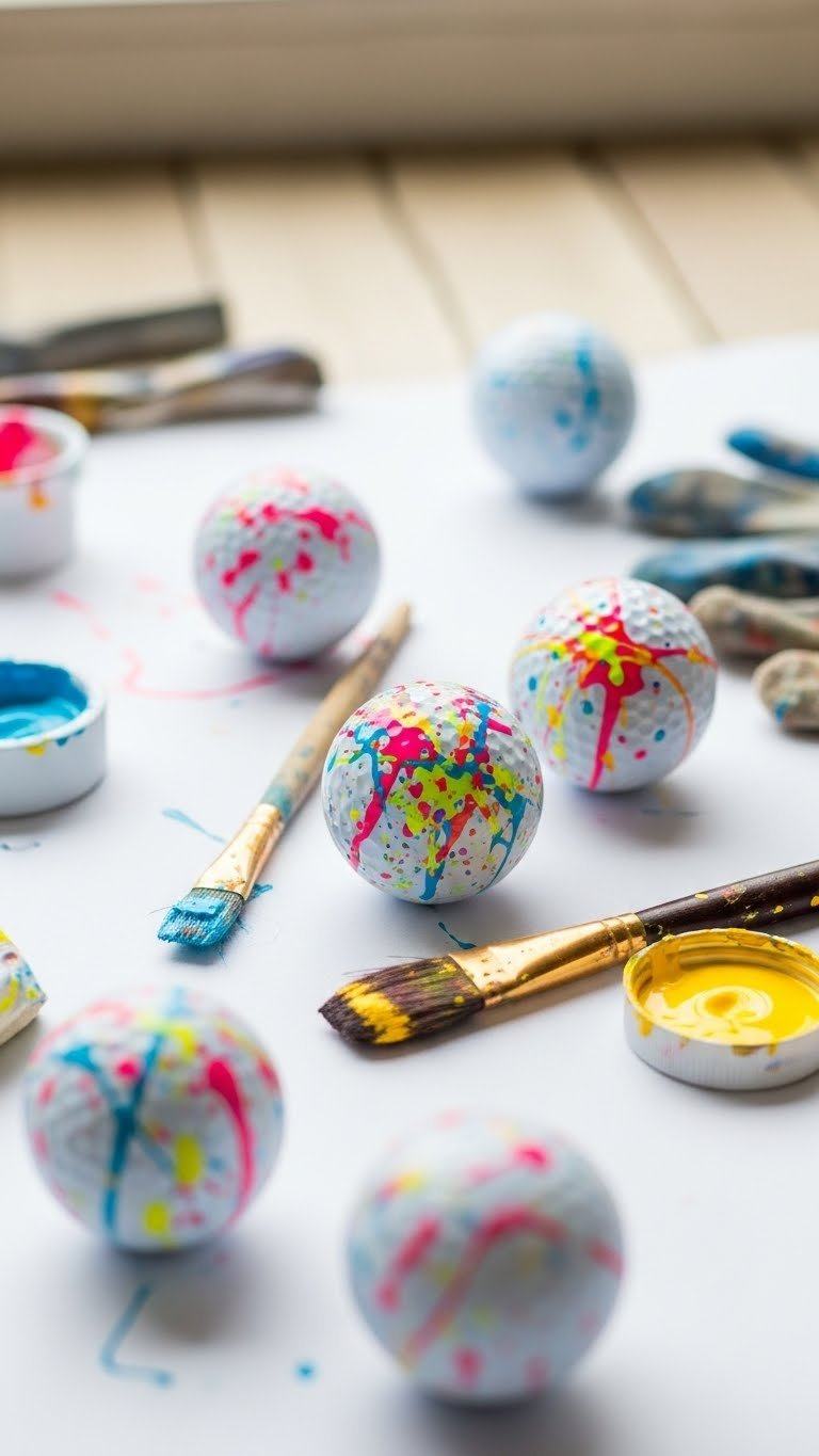 White Golf Balls With Energetic Neon Paint Splatter Designs Arranged On Minimalist Surface With Paint Brushes