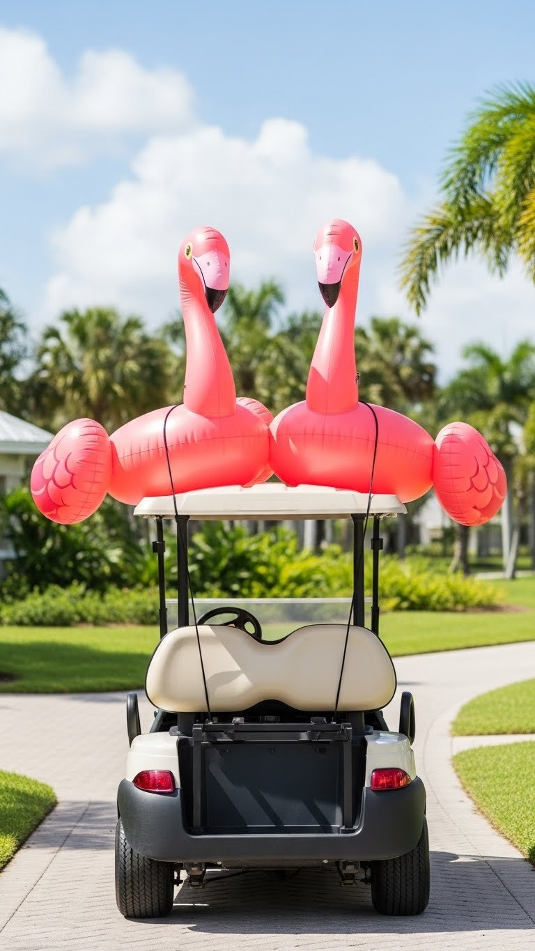 White Golf Cart With Large Vibrant Pink Inflatable Flamingos Attached To Rear Roof Supports Soaring Over Tropical Foliage Background